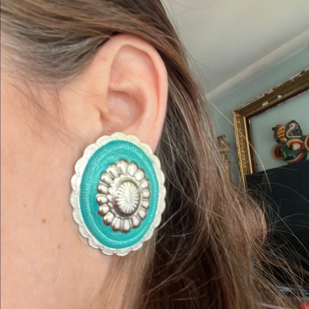 Vintage 80s Silver and Blue Circular Earrings with Faux Turquoise